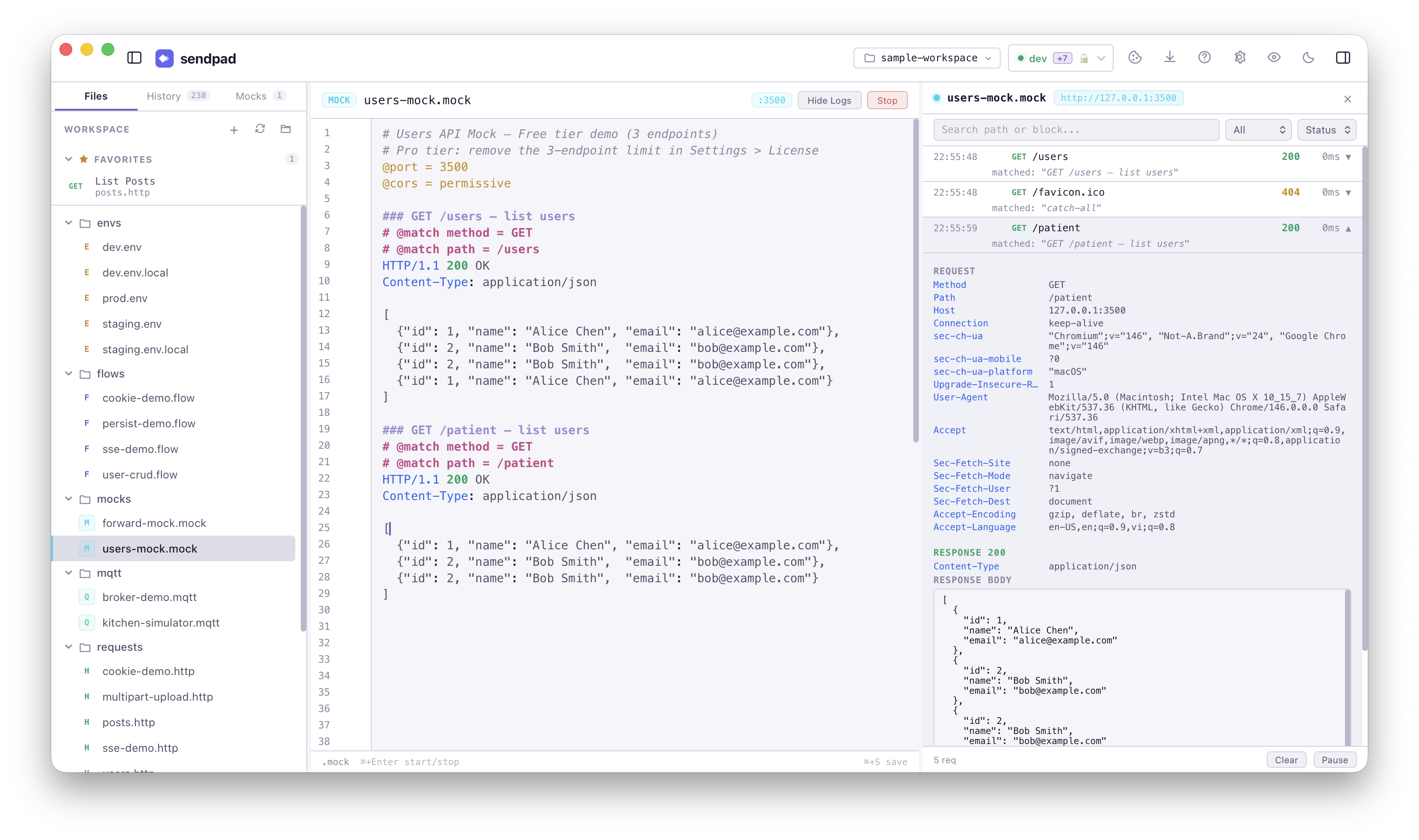 Mock Server log viewer